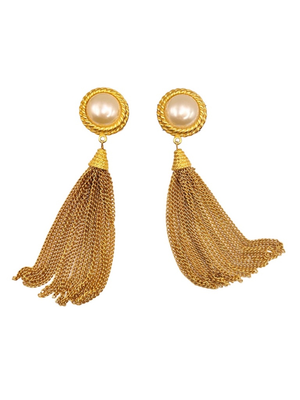 Vintage 1980s Gold Tone Pearl Fringe Tassle Statement Earrings